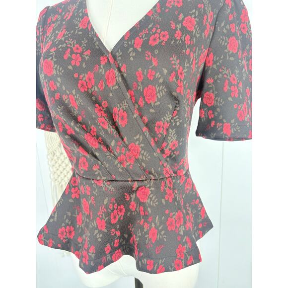 Anthro Meadow & Rue Heartland Floral Faux Wrap Peplum Top Size XS Black Red - Picture 6 of 12